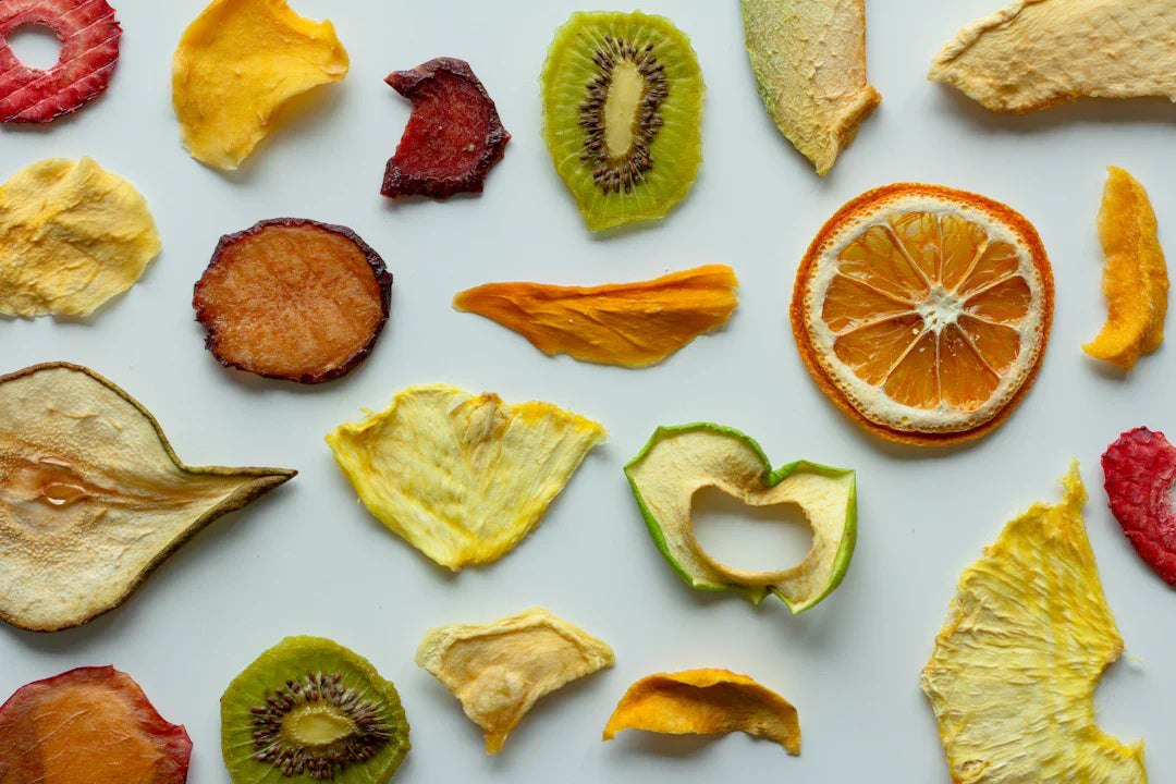 Assorted dried fruit slices as healthy snack options before workout sessions